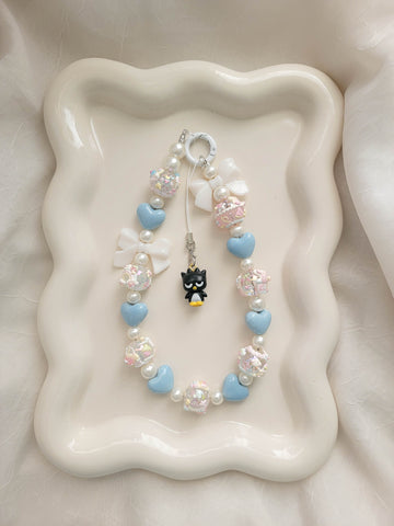 Chunky Blue/White Badtz Maru Wristlet + Phone Charm