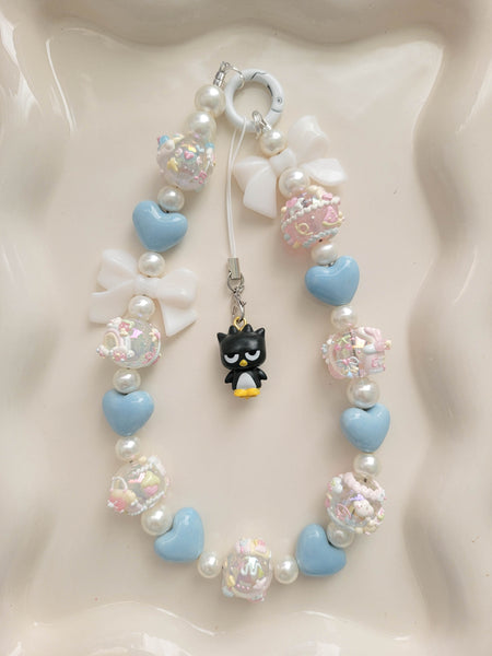Chunky Blue/White Badtz Maru Wristlet + Phone Charm