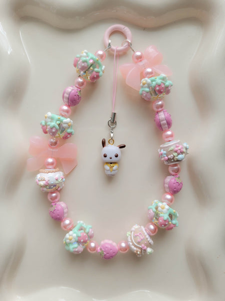 Chunky Pink Pochacco Wristlet + Phone Charm